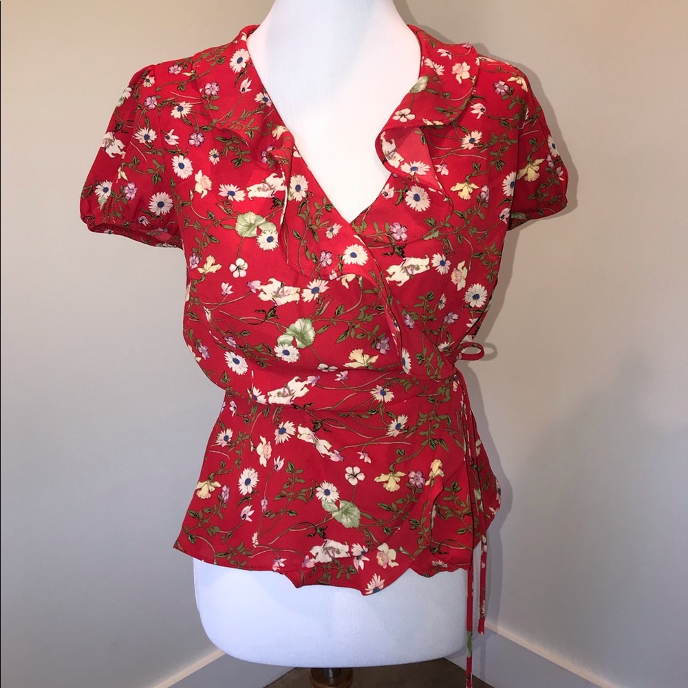 Red ruffle blouse with puff sleeve and waist tie